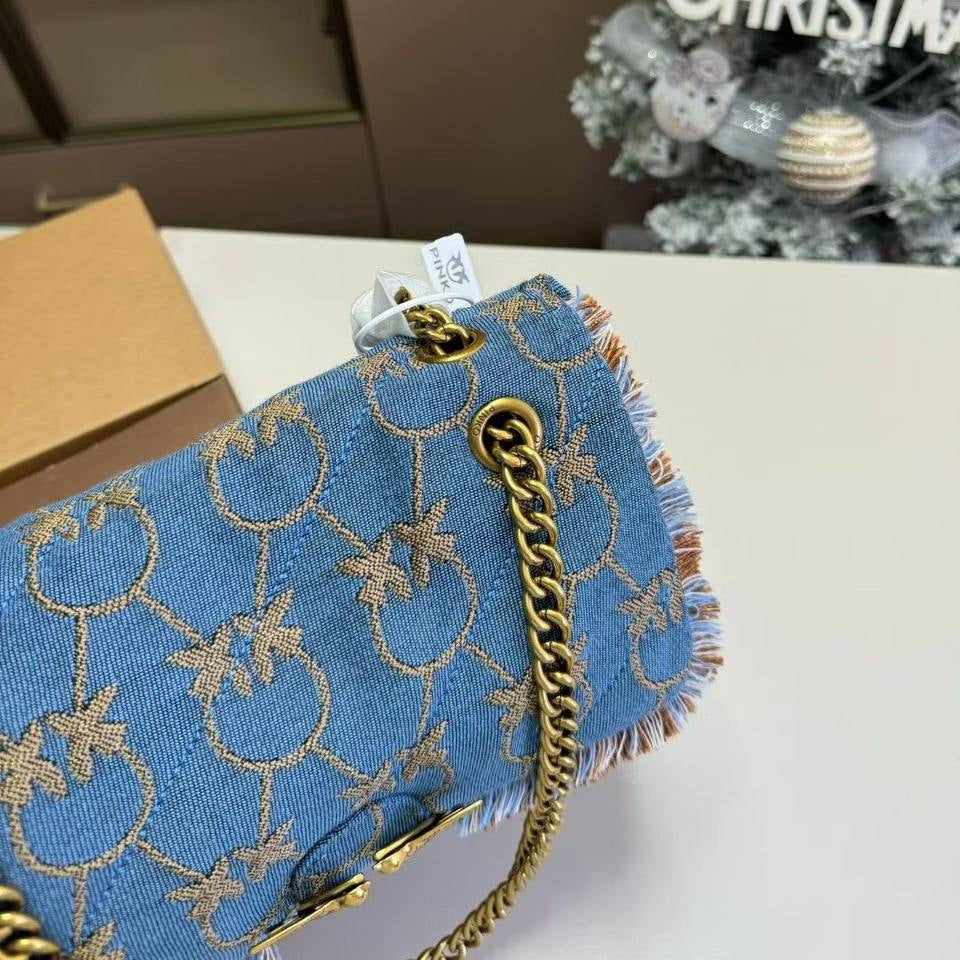PINKO Denim Shoulder Bag with Gold-Tone Bird Logo 🐦✨