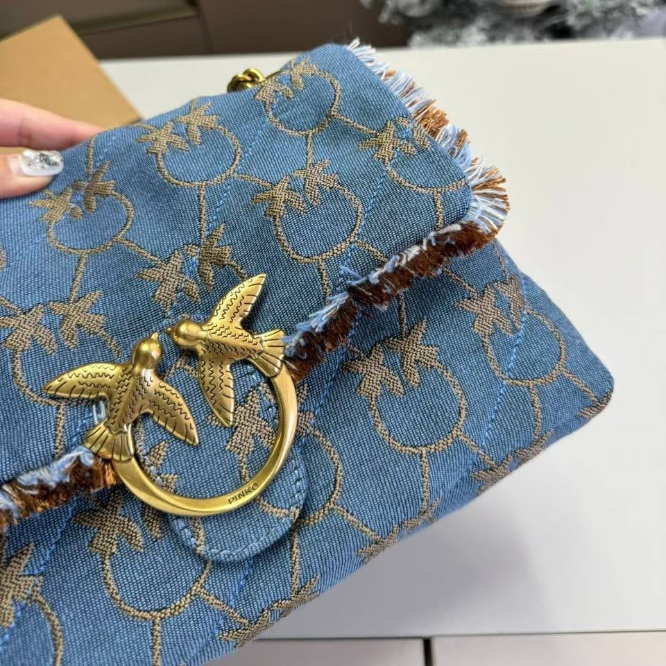 PINKO Denim Shoulder Bag with Gold-Tone Bird Logo 🐦✨