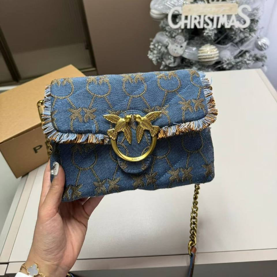 PINKO Denim Shoulder Bag with Gold-Tone Bird Logo 🐦✨