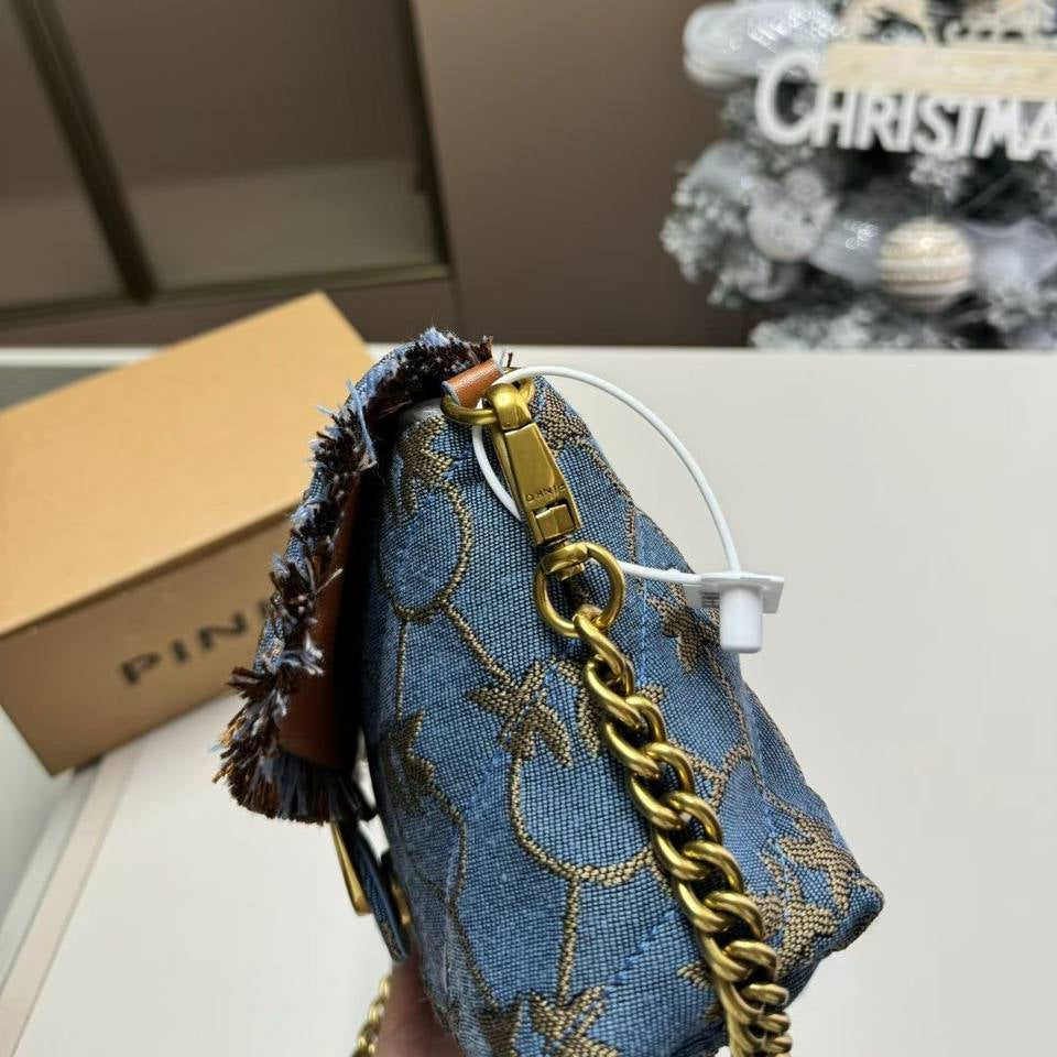 PINKO Denim Shoulder Bag with Gold-Tone Bird Logo 🐦✨