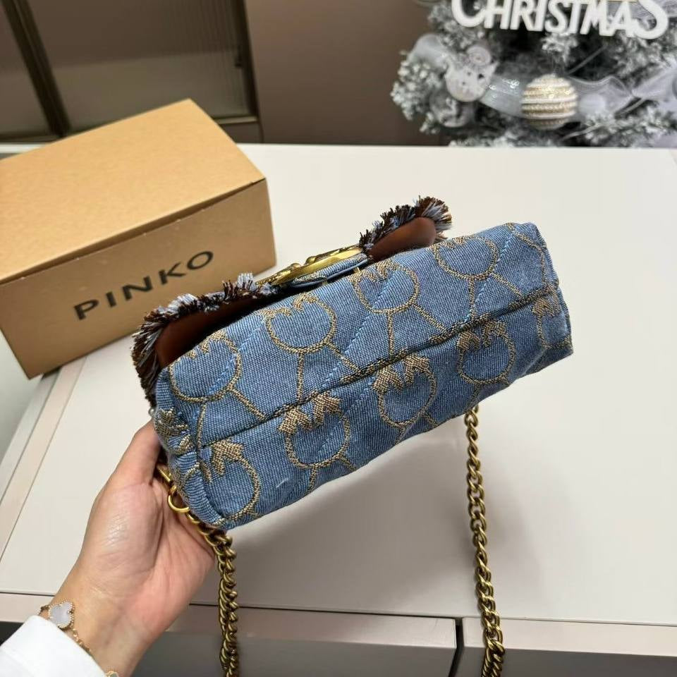 PINKO Denim Shoulder Bag with Gold-Tone Bird Logo 🐦✨