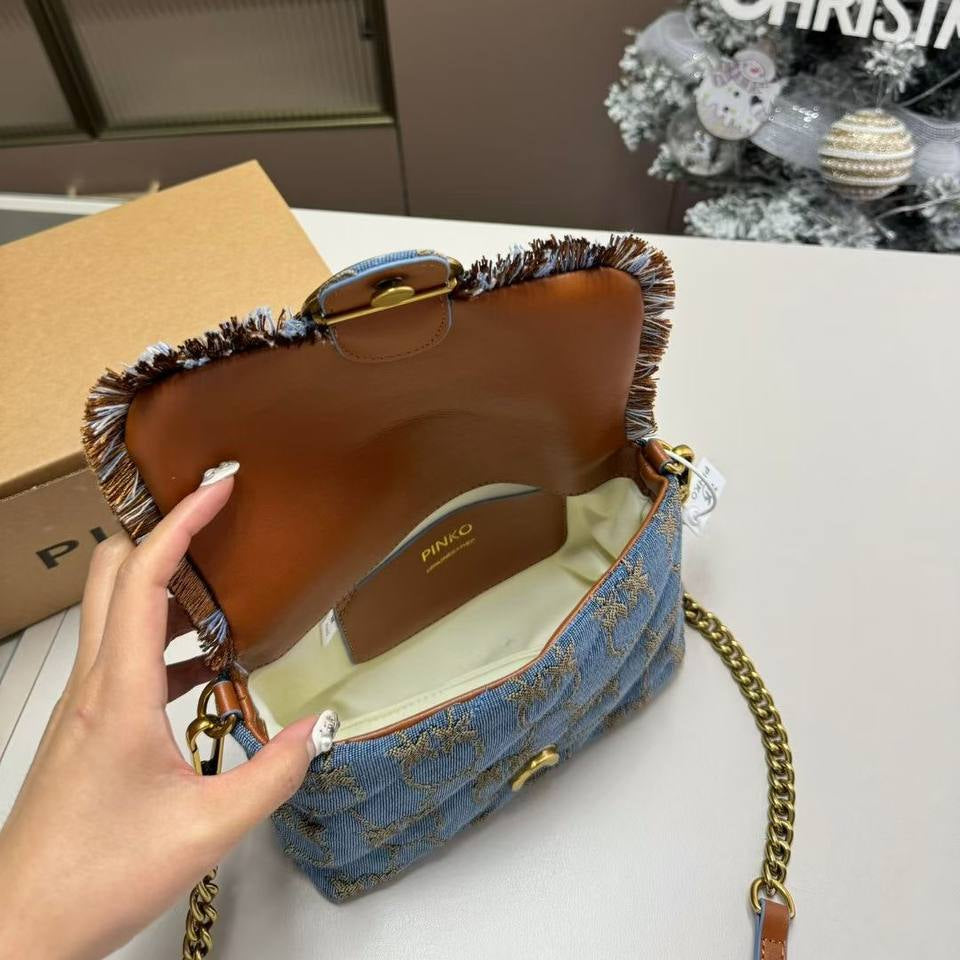 PINKO Denim Shoulder Bag with Gold-Tone Bird Logo 🐦✨