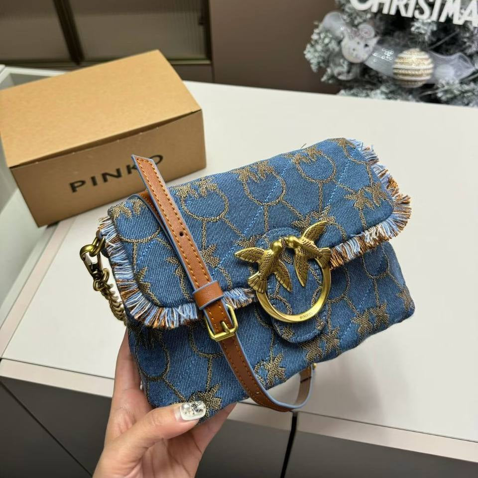 PINKO Denim Shoulder Bag with Gold-Tone Bird Logo 🐦✨