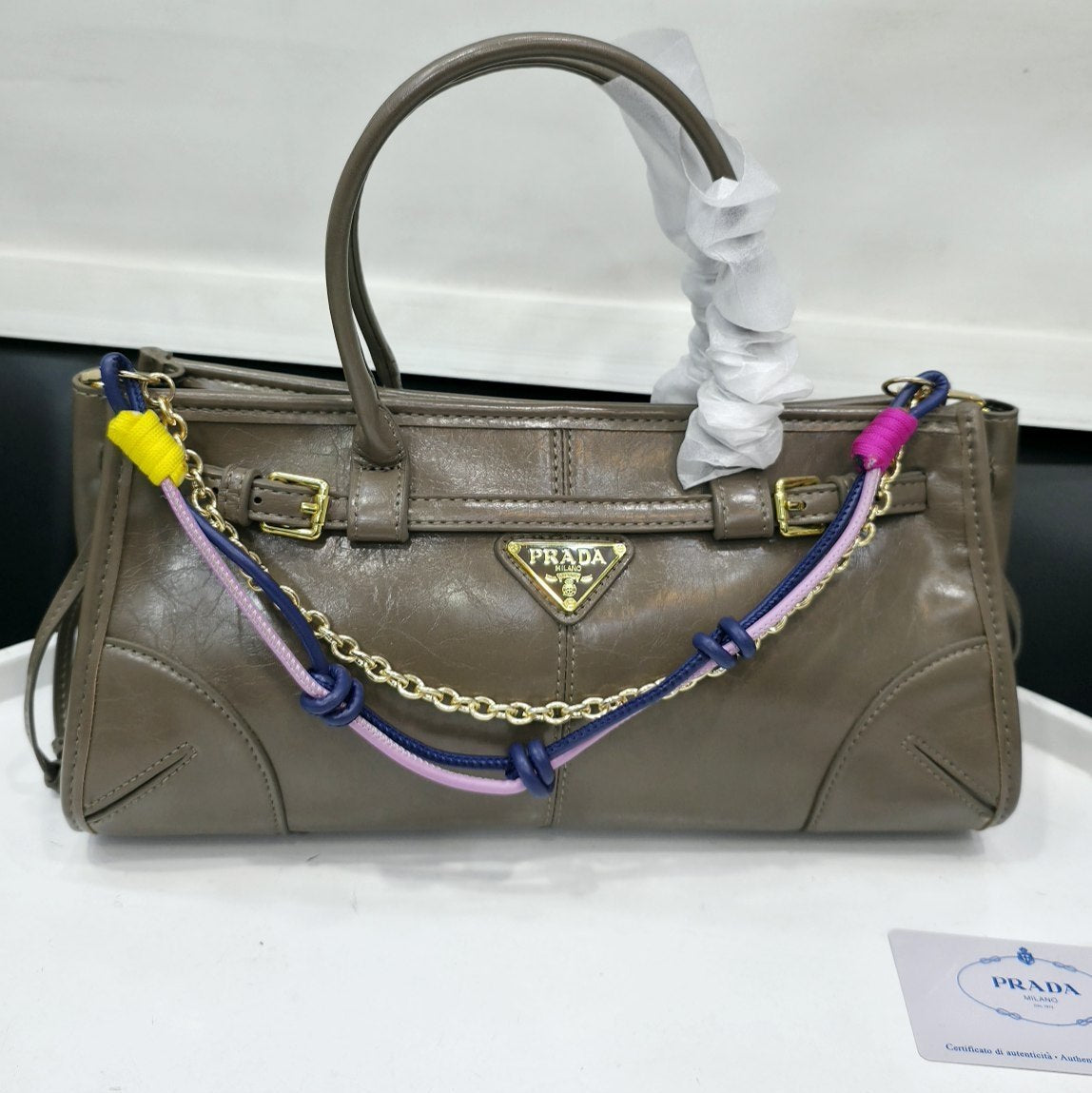 Prada Light Blue Mirror Quality Handbag with Decorative Charm 👜✨