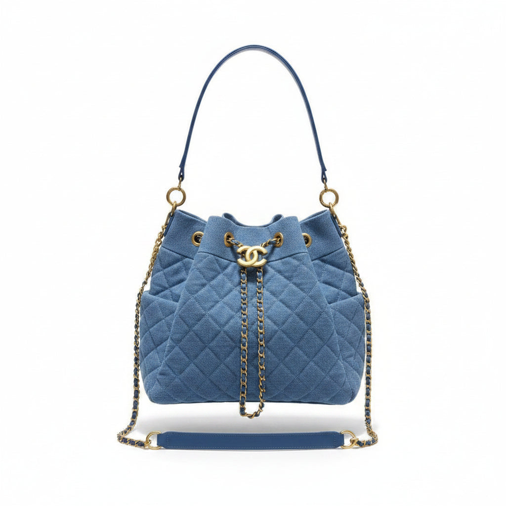 Chanel Quilted Denim Bucket Bag with Gold Tone Hardware