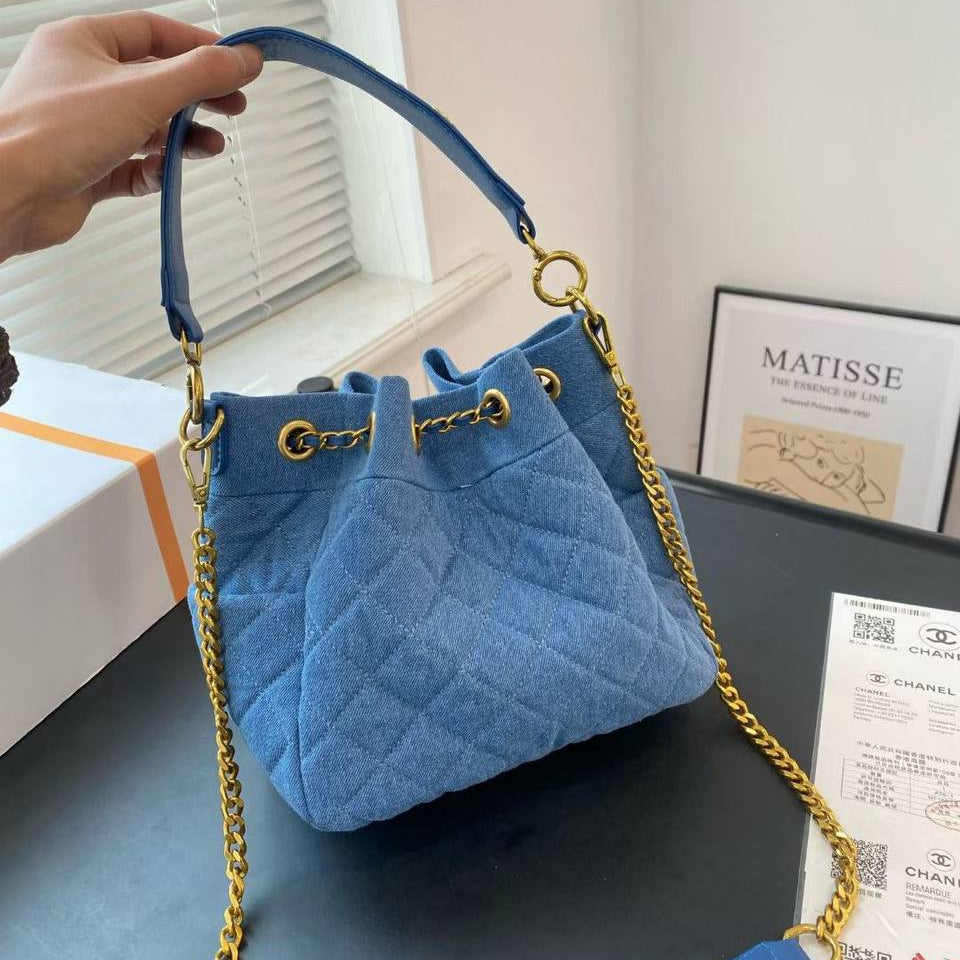 Chanel Quilted Denim Bucket Bag with Gold Tone Hardware