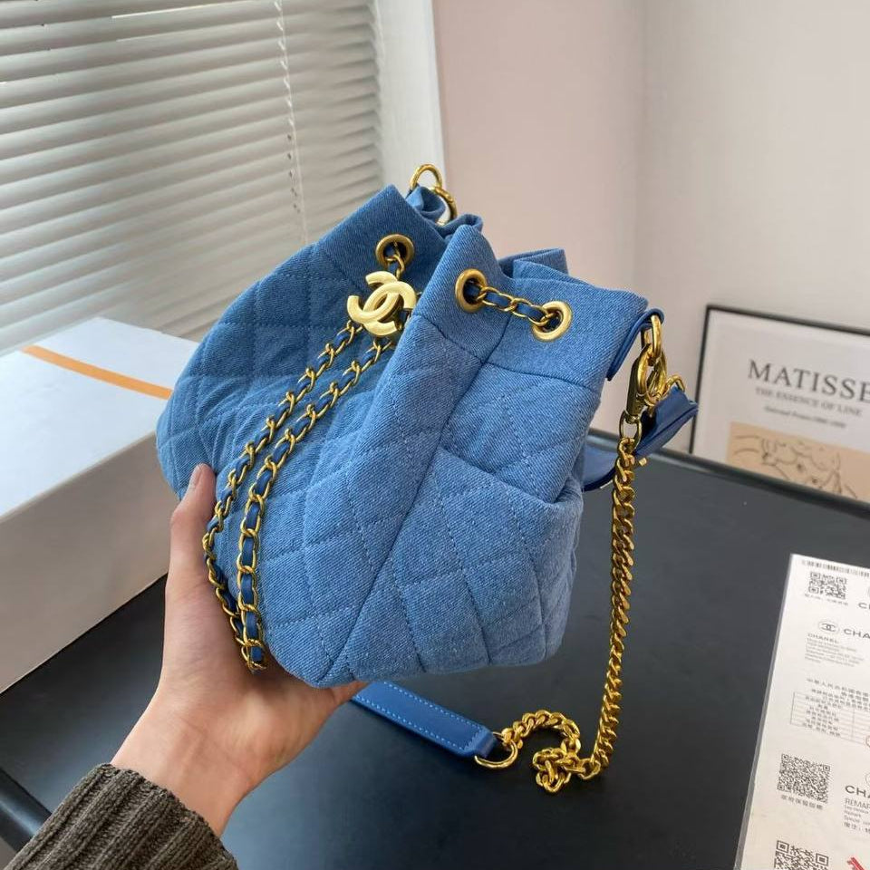Chanel Quilted Denim Bucket Bag with Gold Tone Hardware