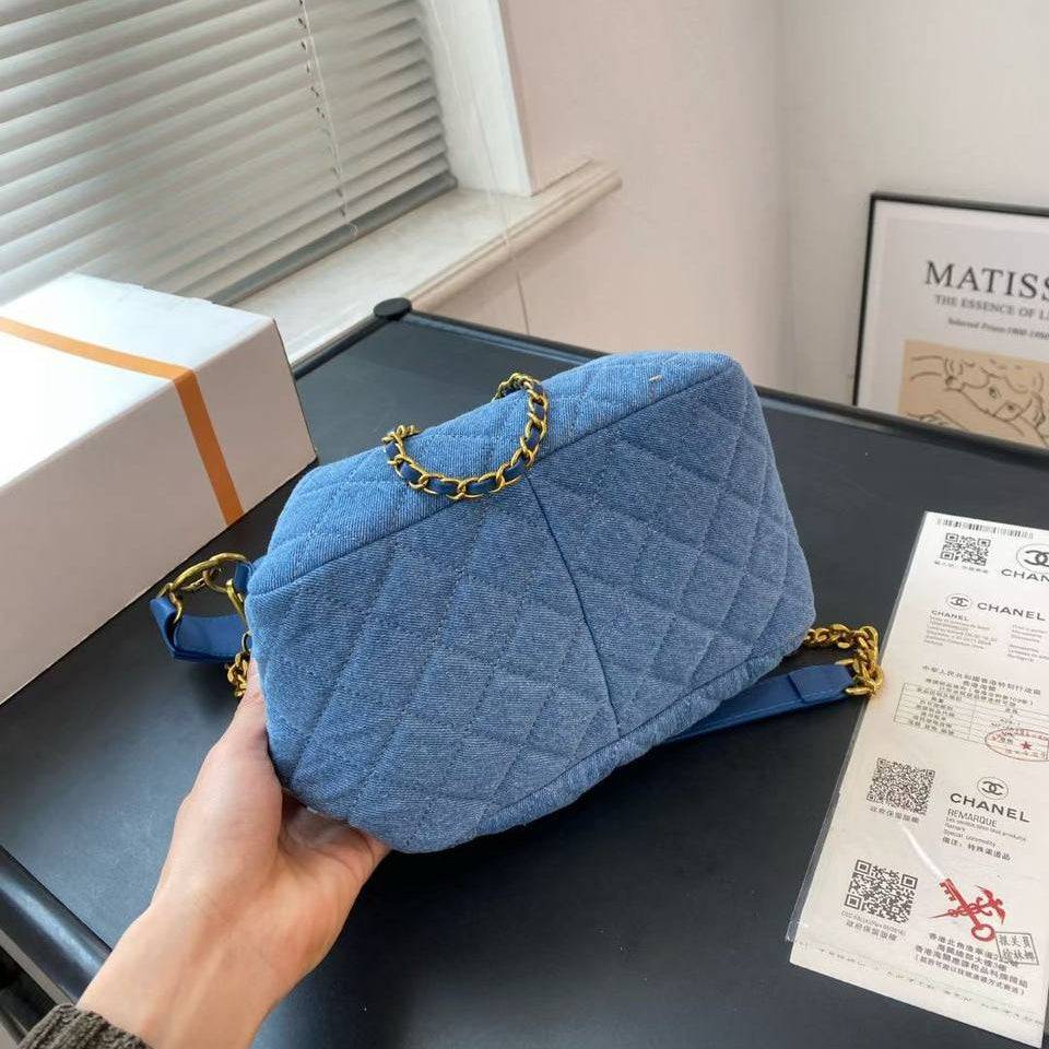 Chanel Quilted Denim Bucket Bag with Gold Tone Hardware