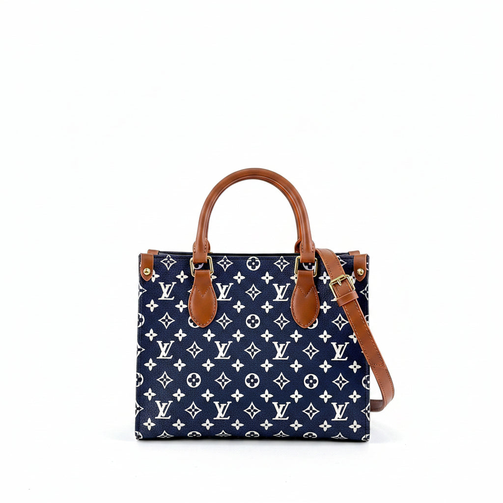 Monogram Pattern Tote Bag with Brown Leather Handles