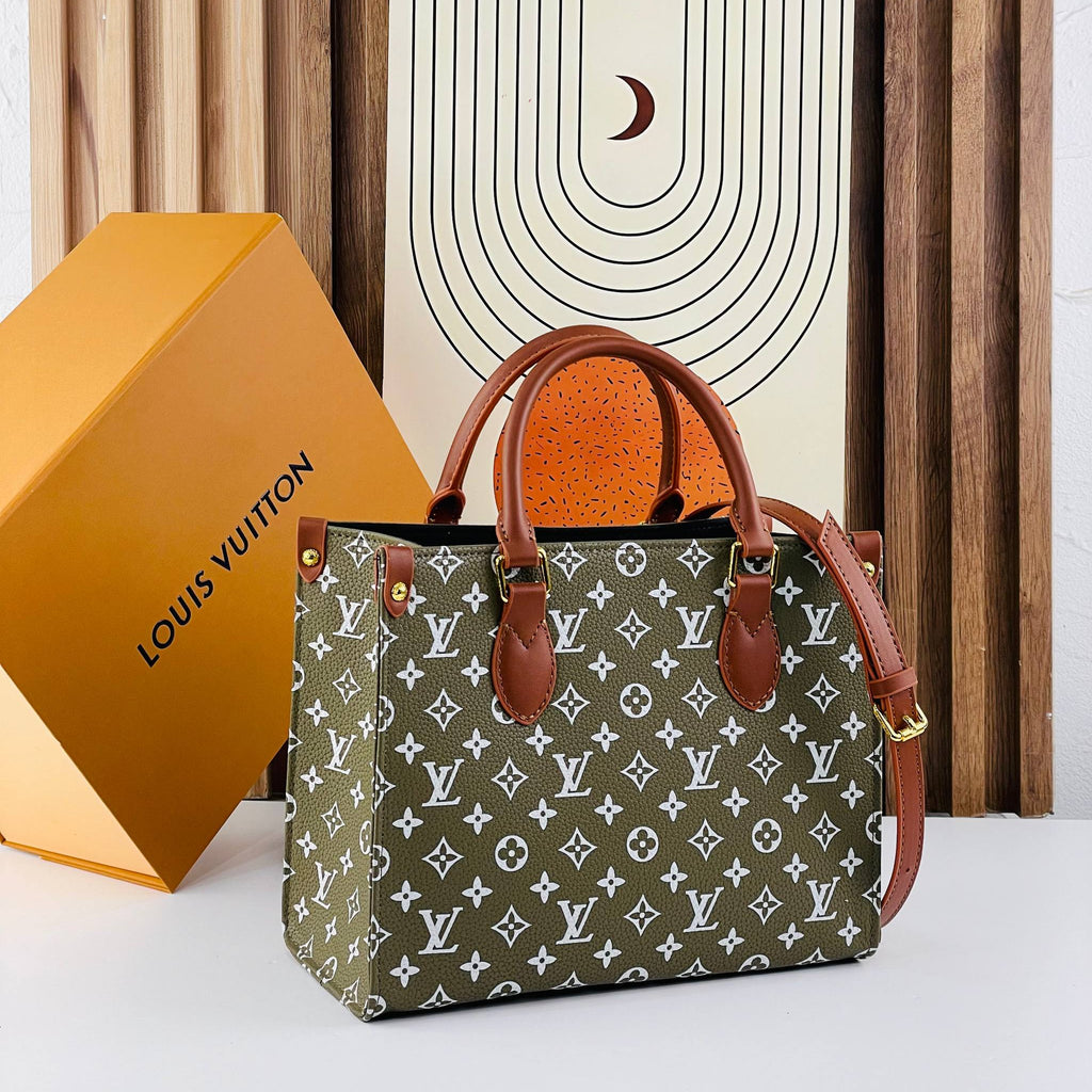 Monogram Pattern Tote Bag with Brown Leather Handles