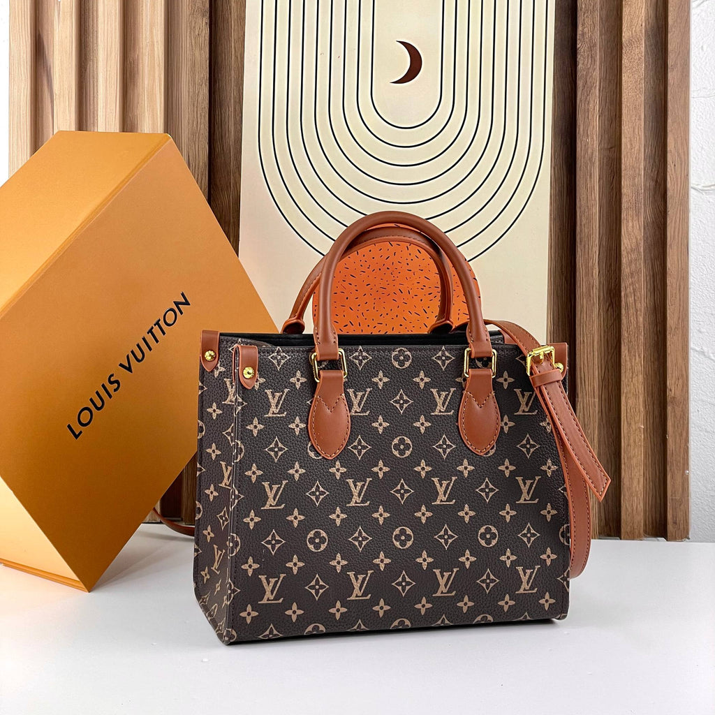 Monogram Pattern Tote Bag with Brown Leather Handles
