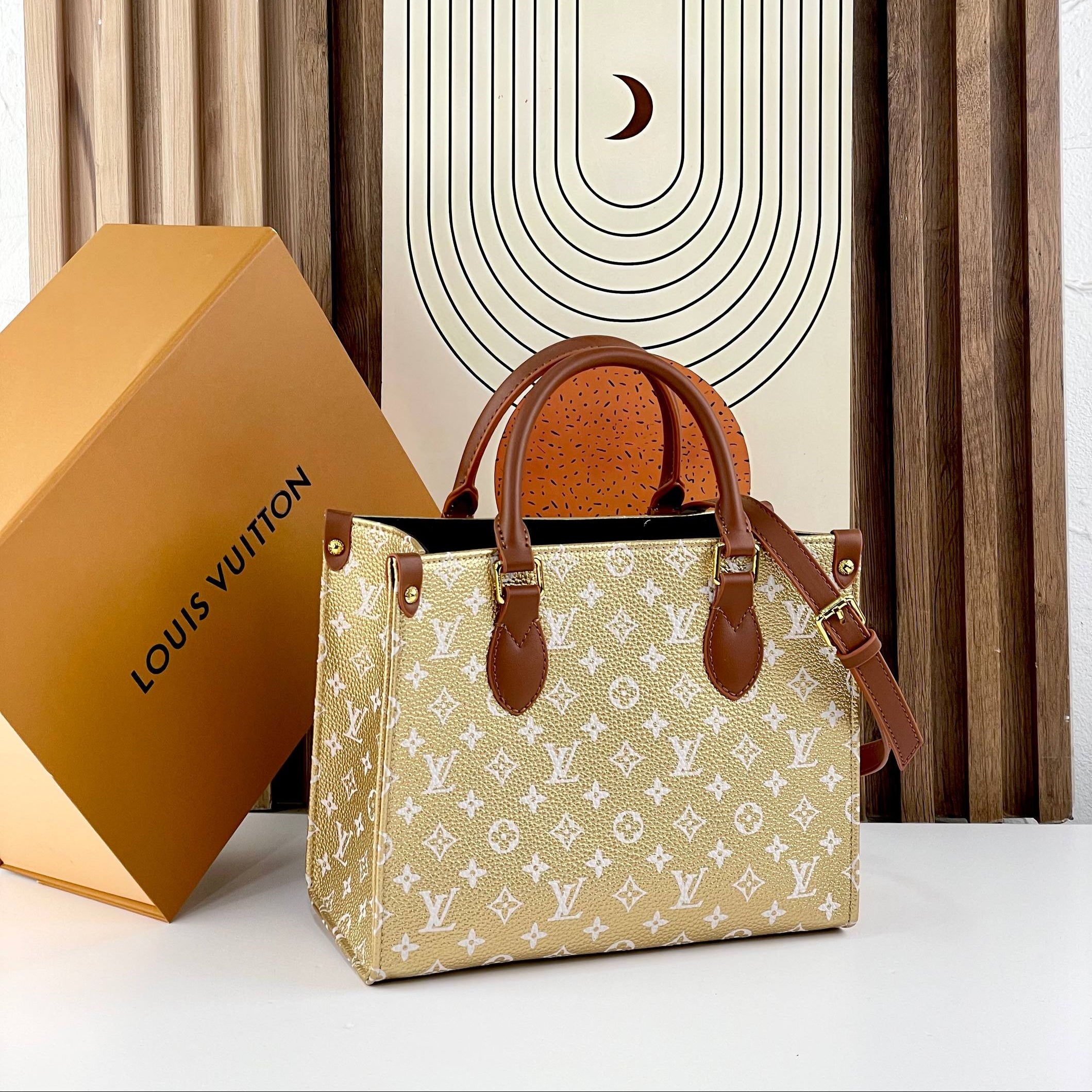 Monogram Pattern Tote Bag with Brown Leather Handles