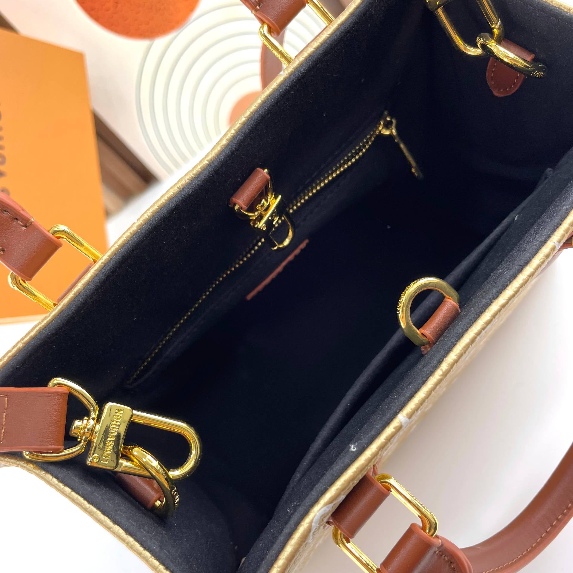 Monogram Pattern Tote Bag with Brown Leather Handles