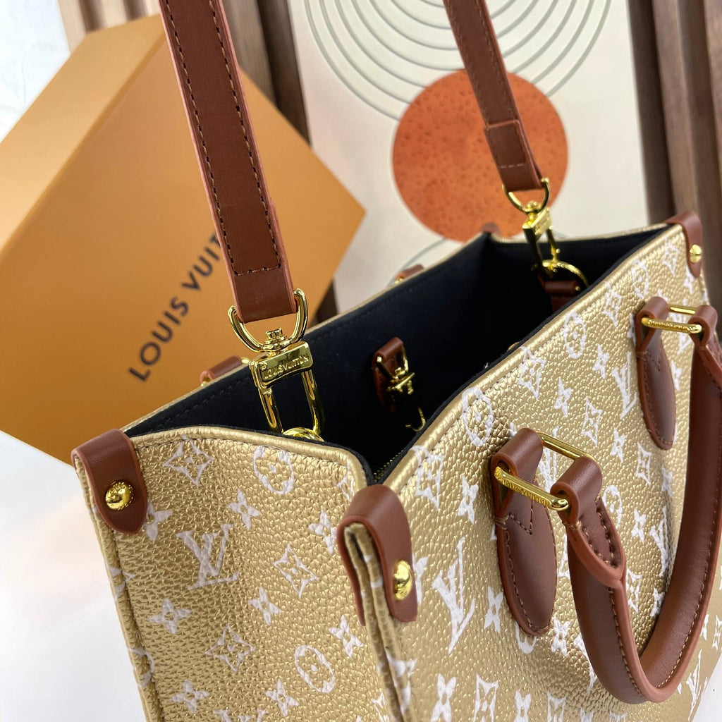 Monogram Pattern Tote Bag with Brown Leather Handles