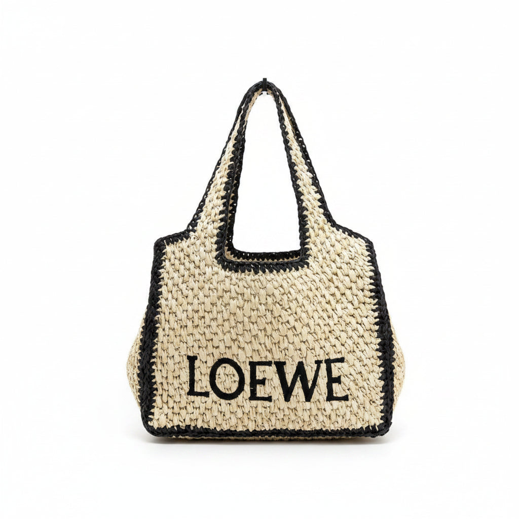 Loewe Woven Straw Tote Bag with Contrast Black Trim