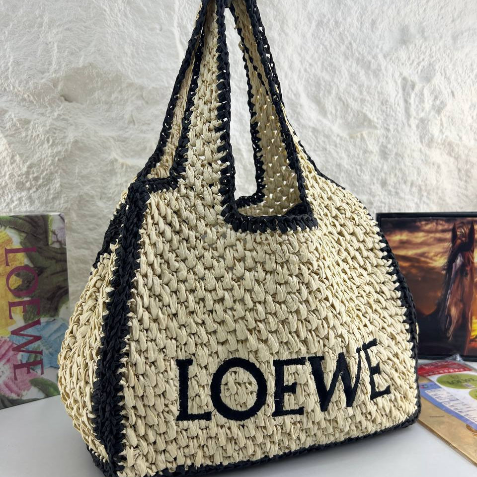 Loewe Woven Straw Tote Bag with Contrast Black Trim