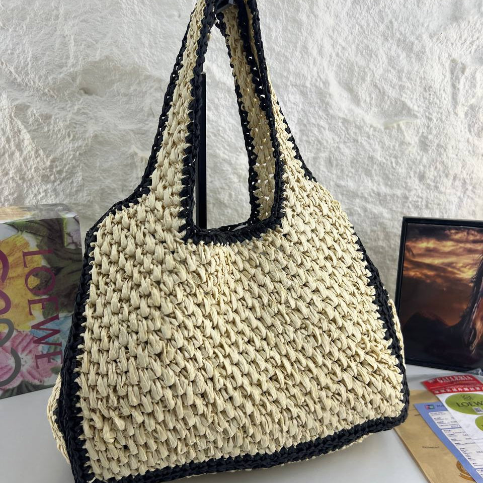 Loewe Woven Straw Tote Bag with Contrast Black Trim