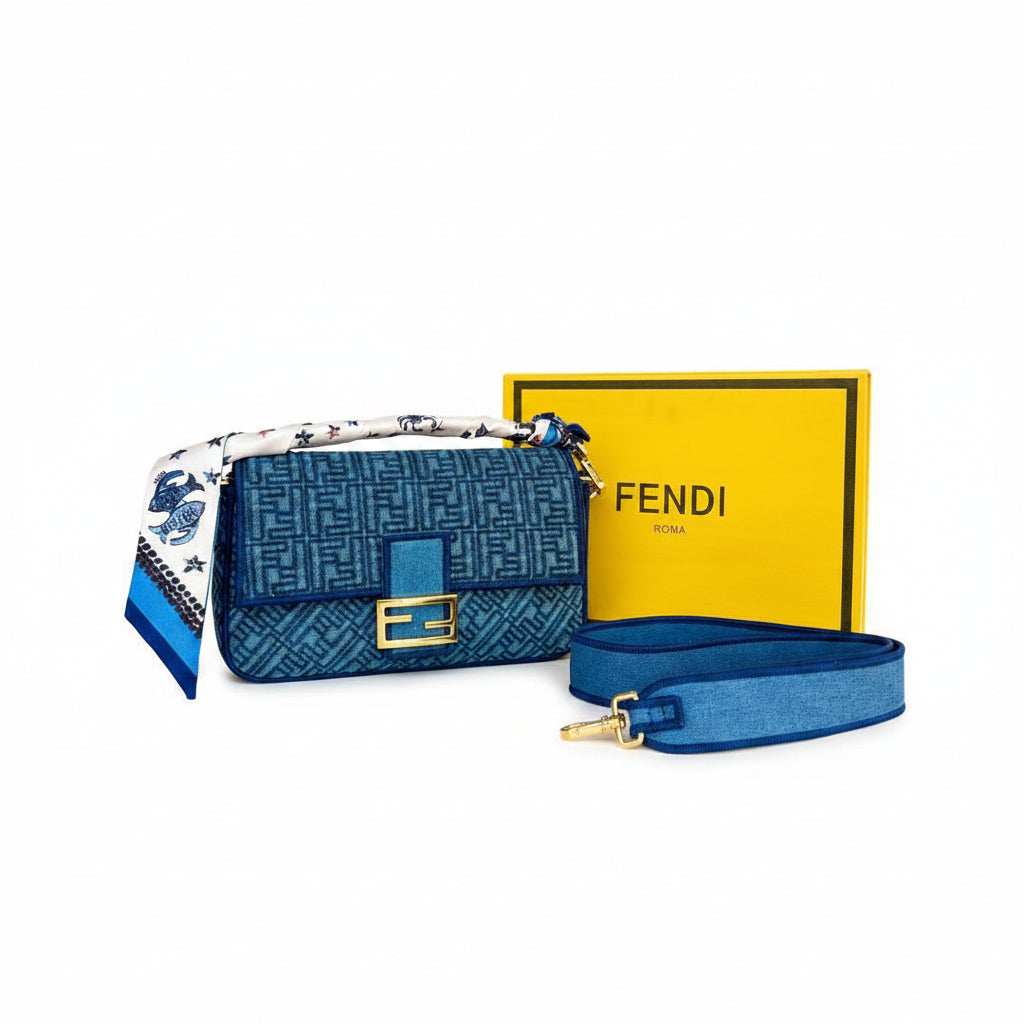 Fendi Denim Baguette Bag with Patterned Scarf Accessory