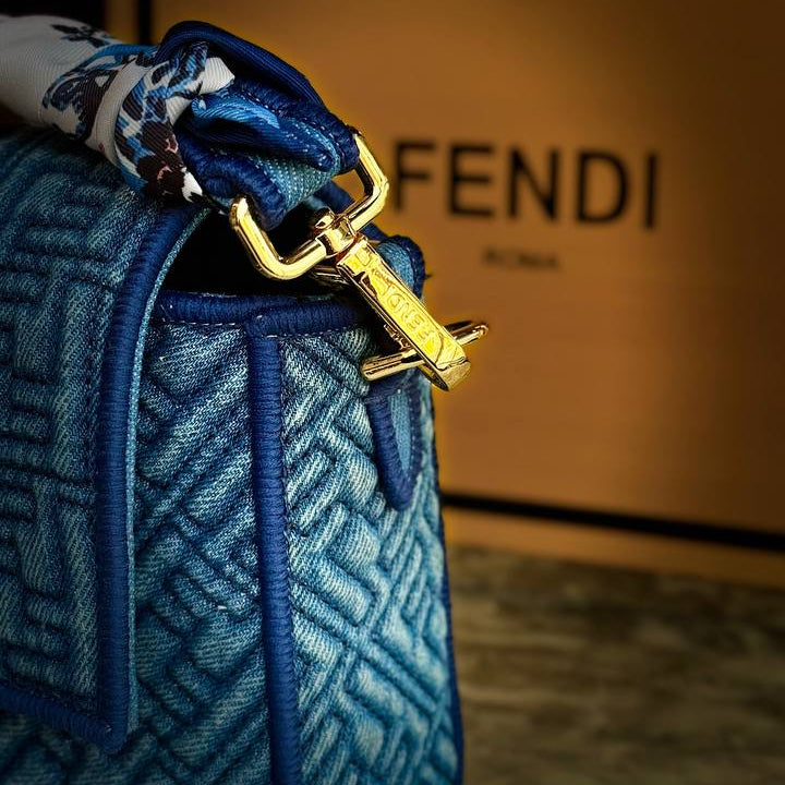 Fendi Denim Baguette Bag with Patterned Scarf Accessory