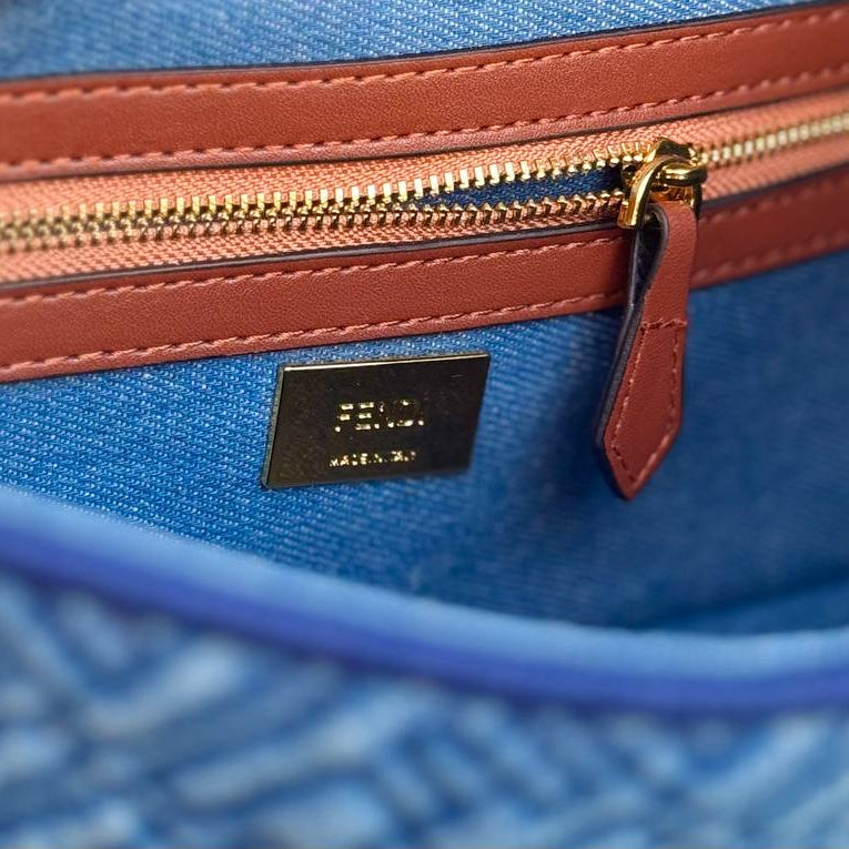 Fendi Denim Baguette Bag with Patterned Scarf Accessory