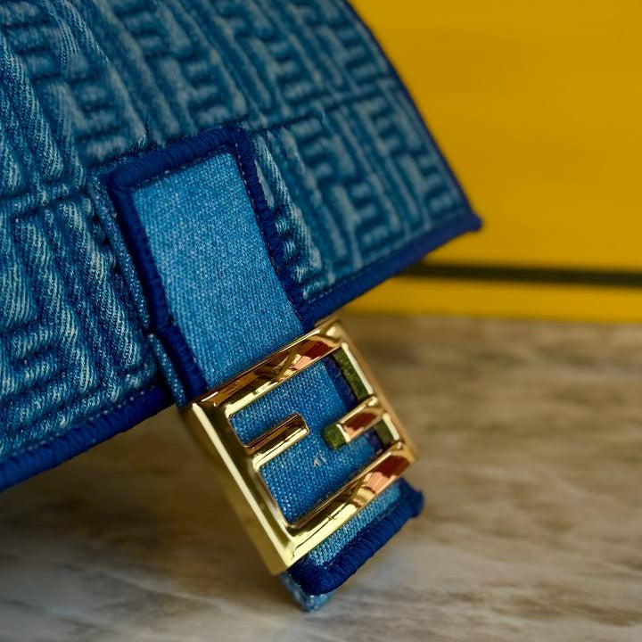 Fendi Denim Baguette Bag with Patterned Scarf Accessory