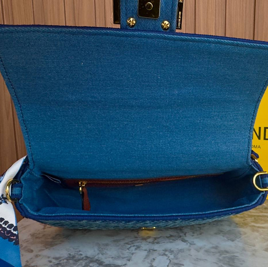 Fendi Denim Baguette Bag with Patterned Scarf Accessory