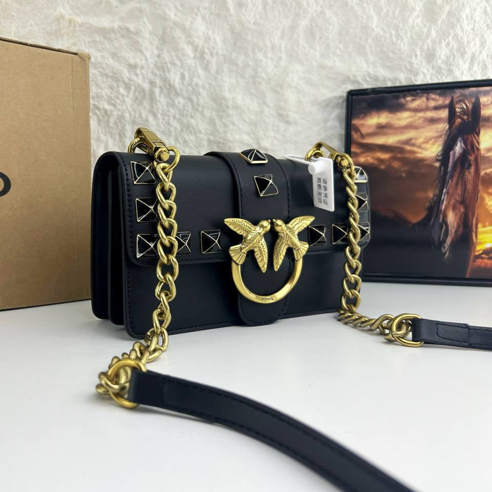 PINKO Studded Shoulder Bag with Signature Bird Logo