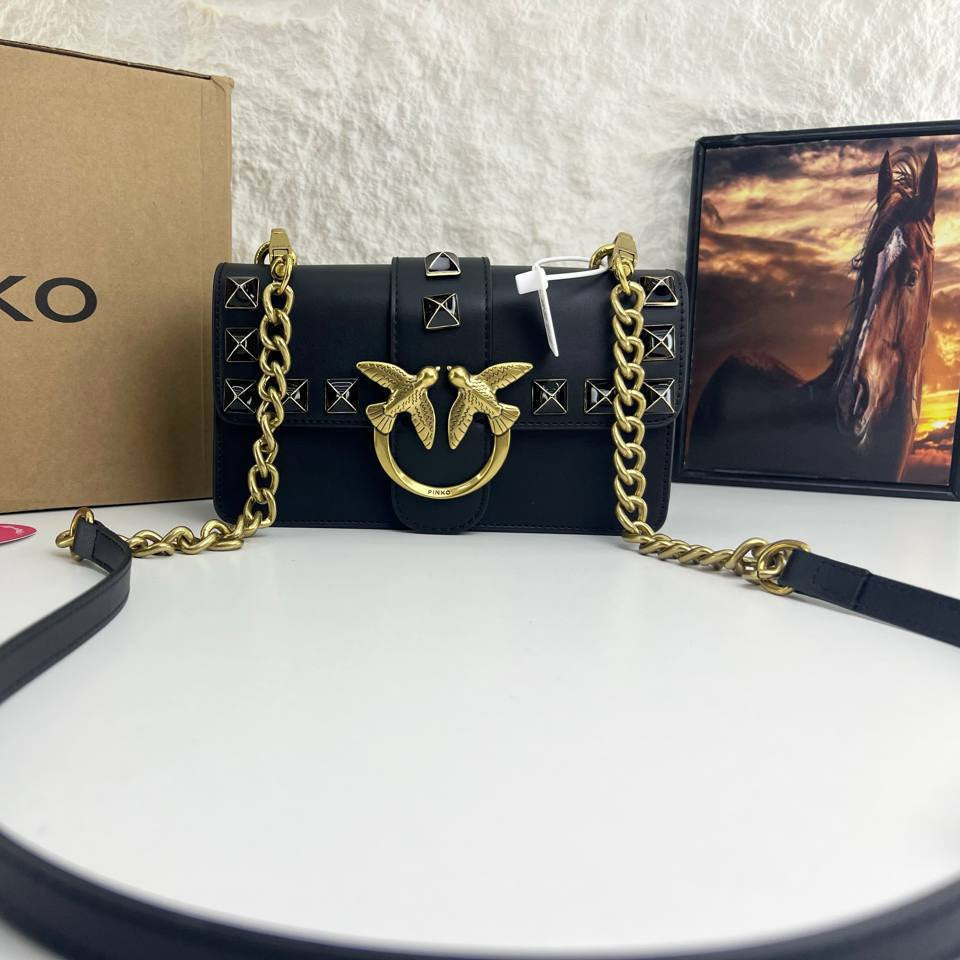 PINKO Studded Shoulder Bag with Signature Bird Logo
