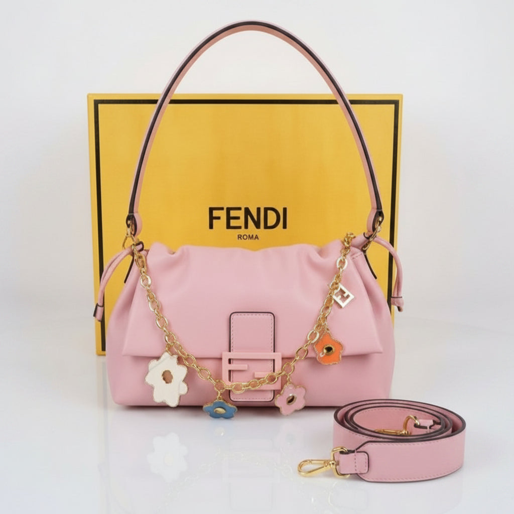 Fendi Floral Chain Soft Leather Shoulder Bag