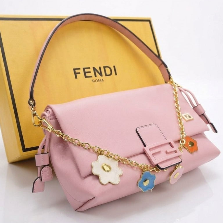 Fendi Floral Chain Soft Leather Shoulder Bag