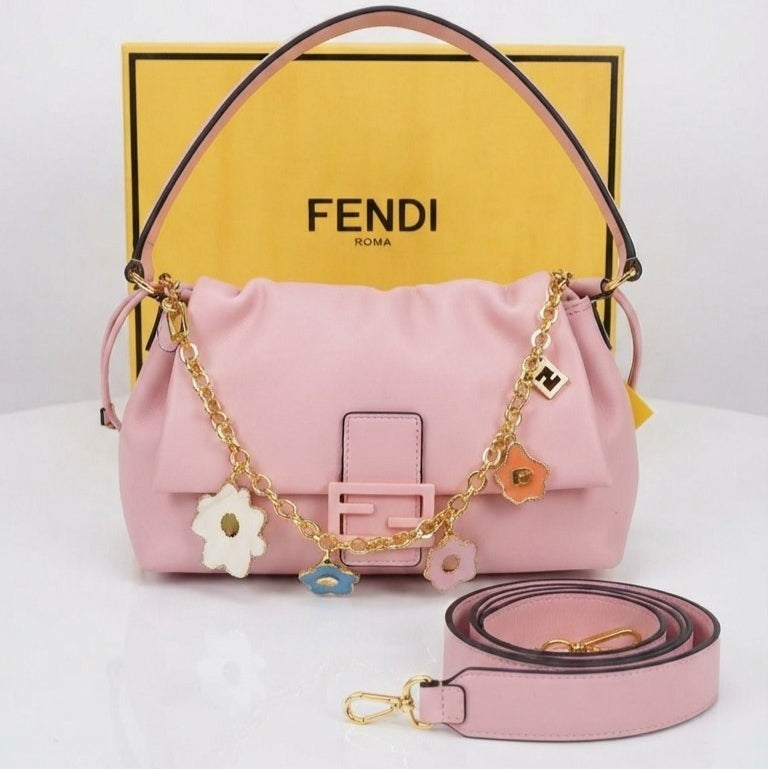 Fendi Floral Chain Soft Leather Shoulder Bag