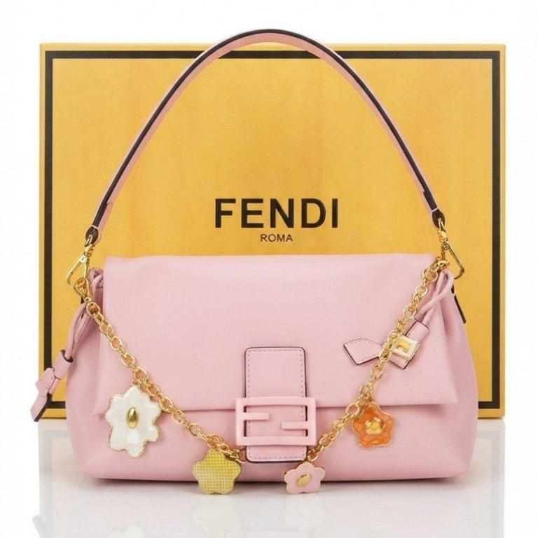 Fendi Floral Chain Soft Leather Shoulder Bag