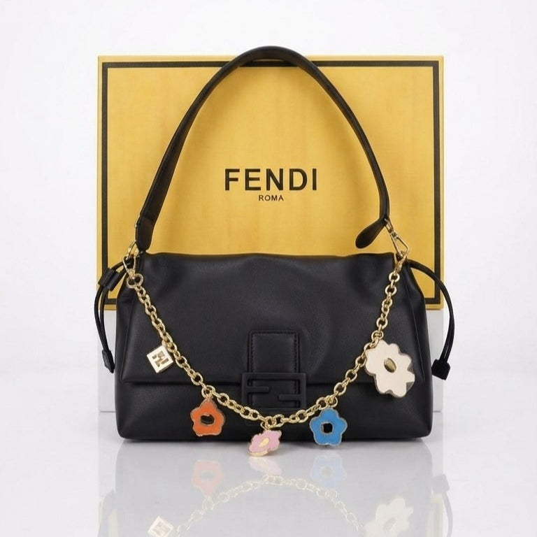 Fendi Floral Chain Soft Leather Shoulder Bag
