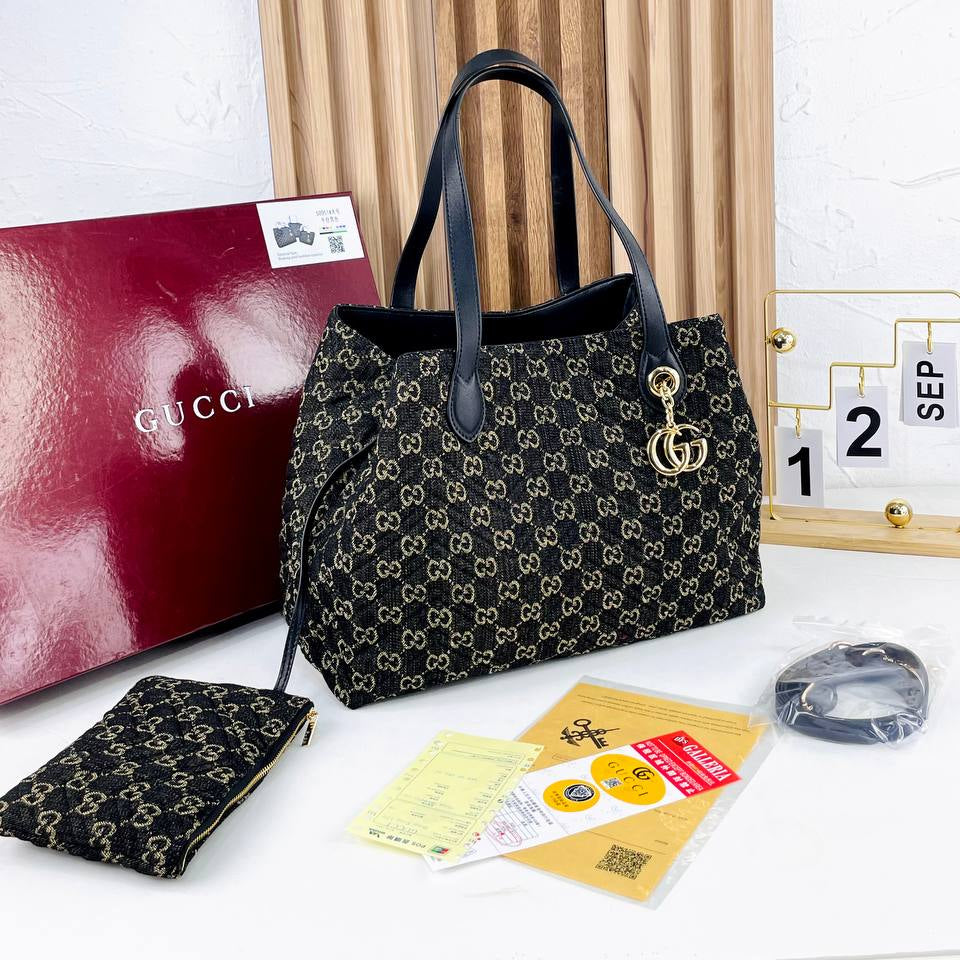 Gucci Monogram Tote Bag with Detachable Pouch and Shoulder Strap