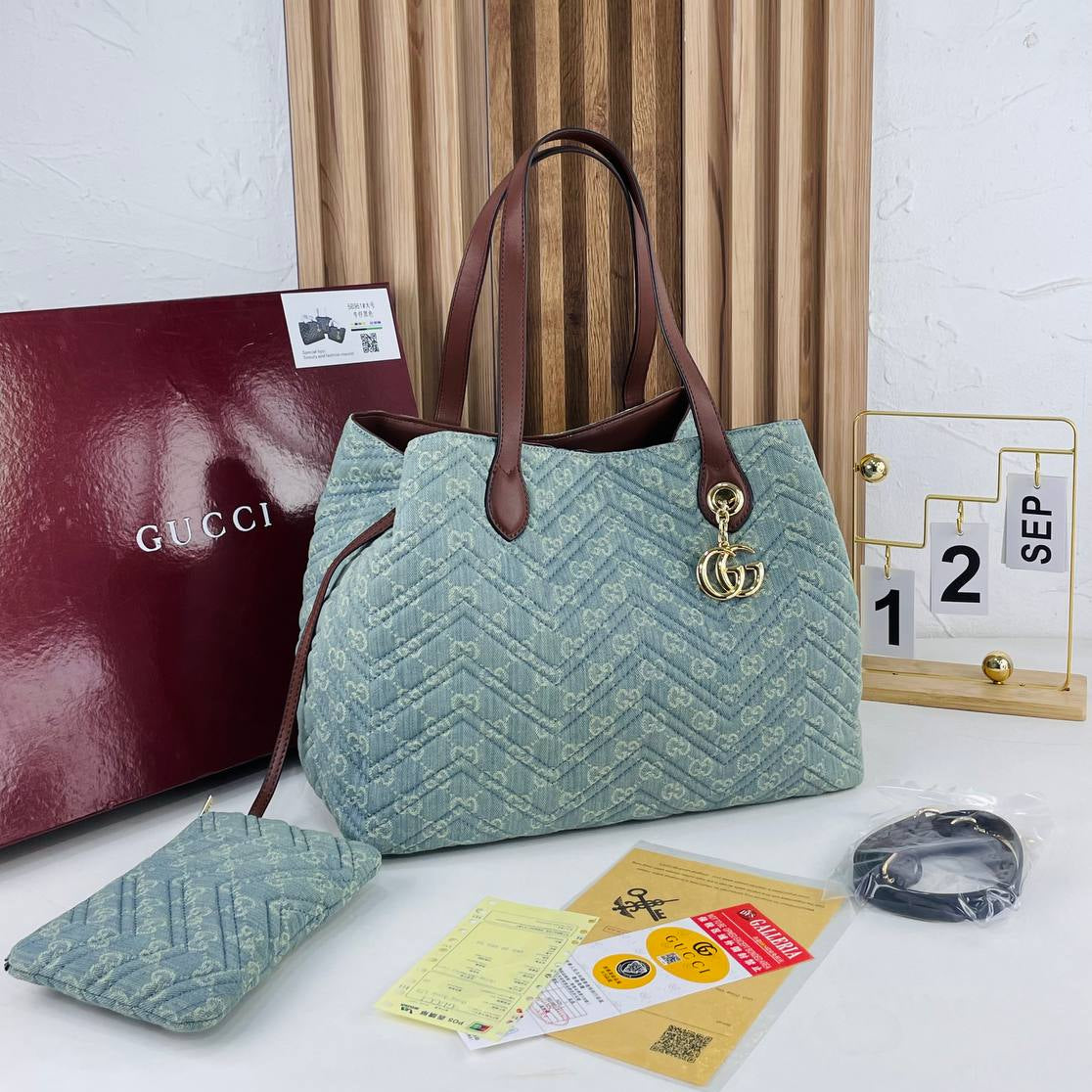 Gucci Monogram Tote Bag with Detachable Pouch and Shoulder Strap