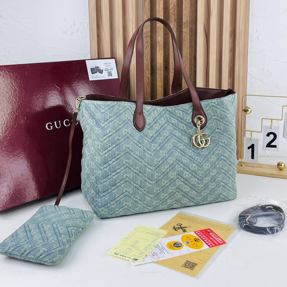 Gucci Monogram Tote Bag with Detachable Pouch and Shoulder Strap