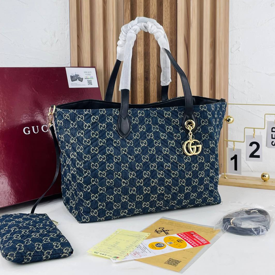 Gucci Monogram Tote Bag with Detachable Pouch and Shoulder Strap