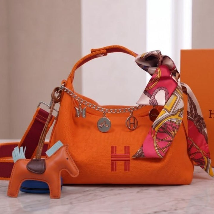 Hermes Canvas Mirror Bag with Horse Charm and Scarf