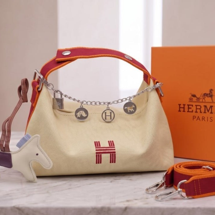 Hermes Canvas Mirror Bag with Horse Charm and Scarf