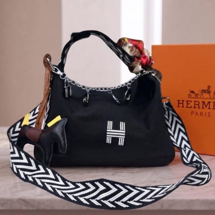 Hermes Canvas Mirror Bag with Horse Charm and Scarf