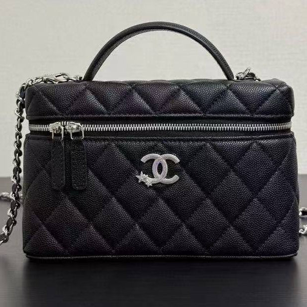 Chanel Quilted Caviar Leather Vanity Case with Silver Chain