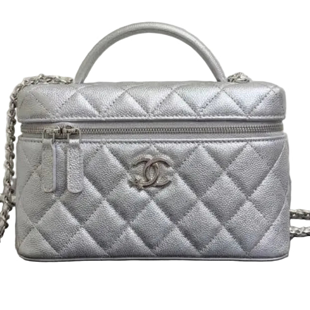 Chanel Quilted Caviar Leather Vanity Case with Silver Chain