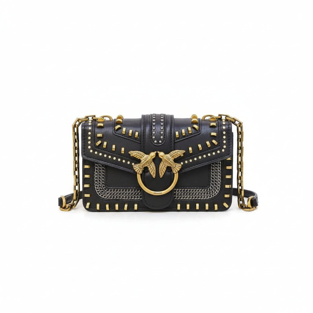 Pinko Studded Black Shoulder Bag with Signature Bird Hardware