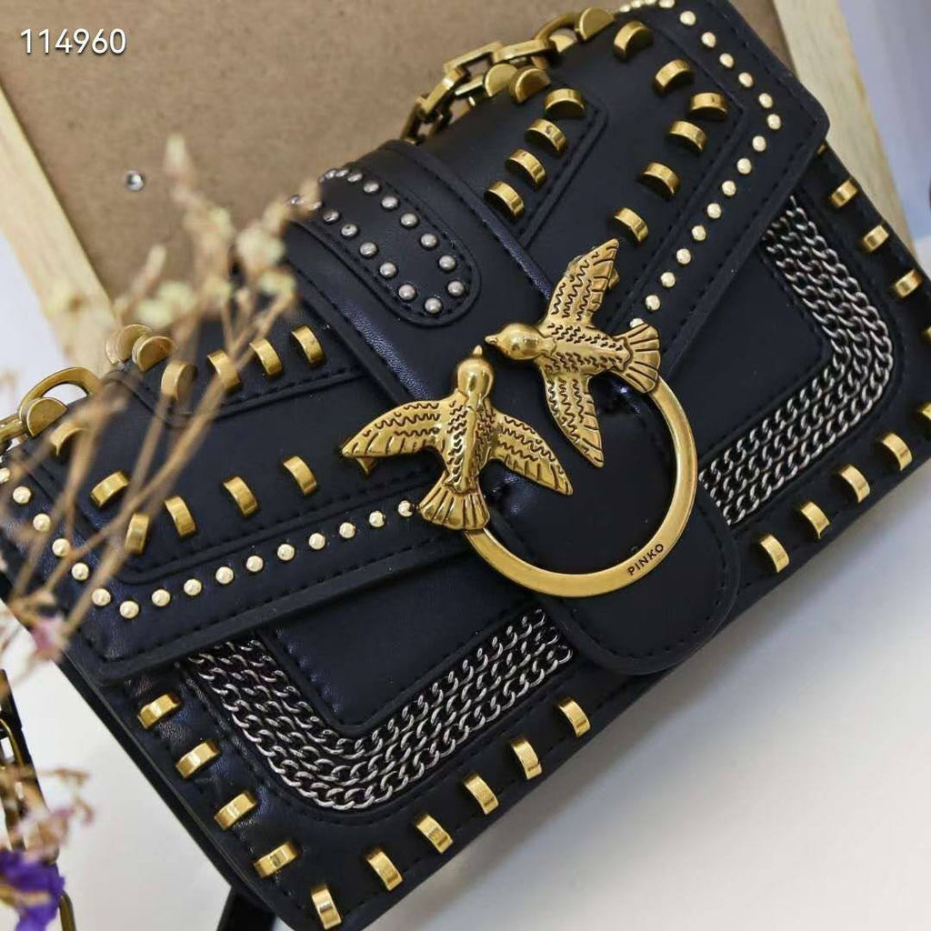 Pinko Studded Black Shoulder Bag with Signature Bird Hardware