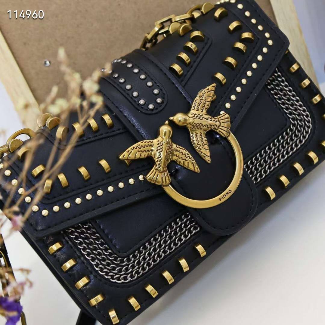 Pinko Studded Black Shoulder Bag with Signature Bird Hardware