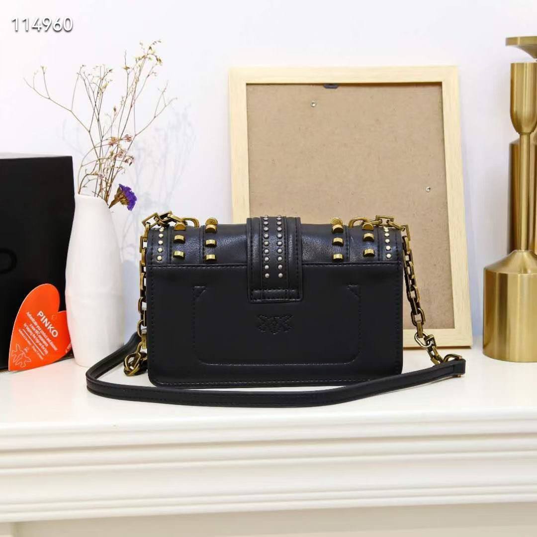Pinko Studded Black Shoulder Bag with Signature Bird Hardware