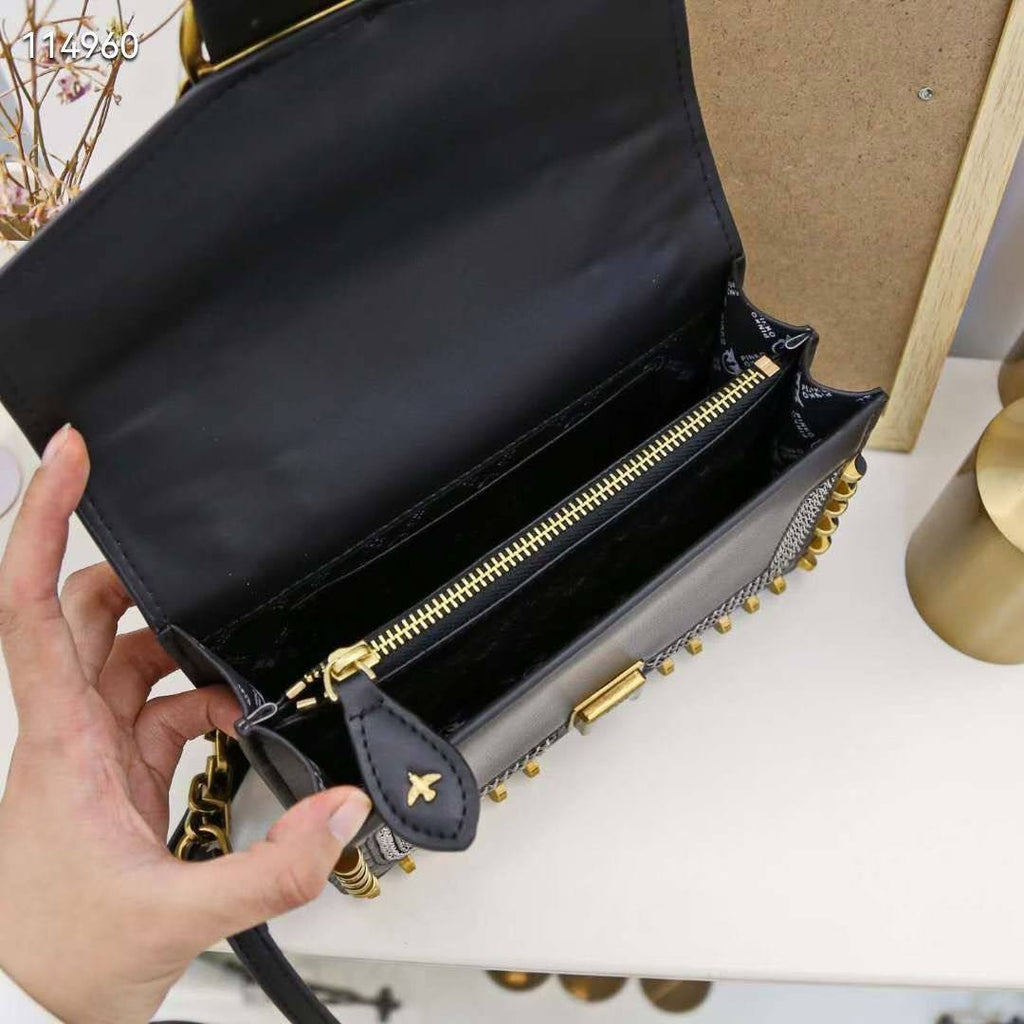 Pinko Studded Black Shoulder Bag with Signature Bird Hardware