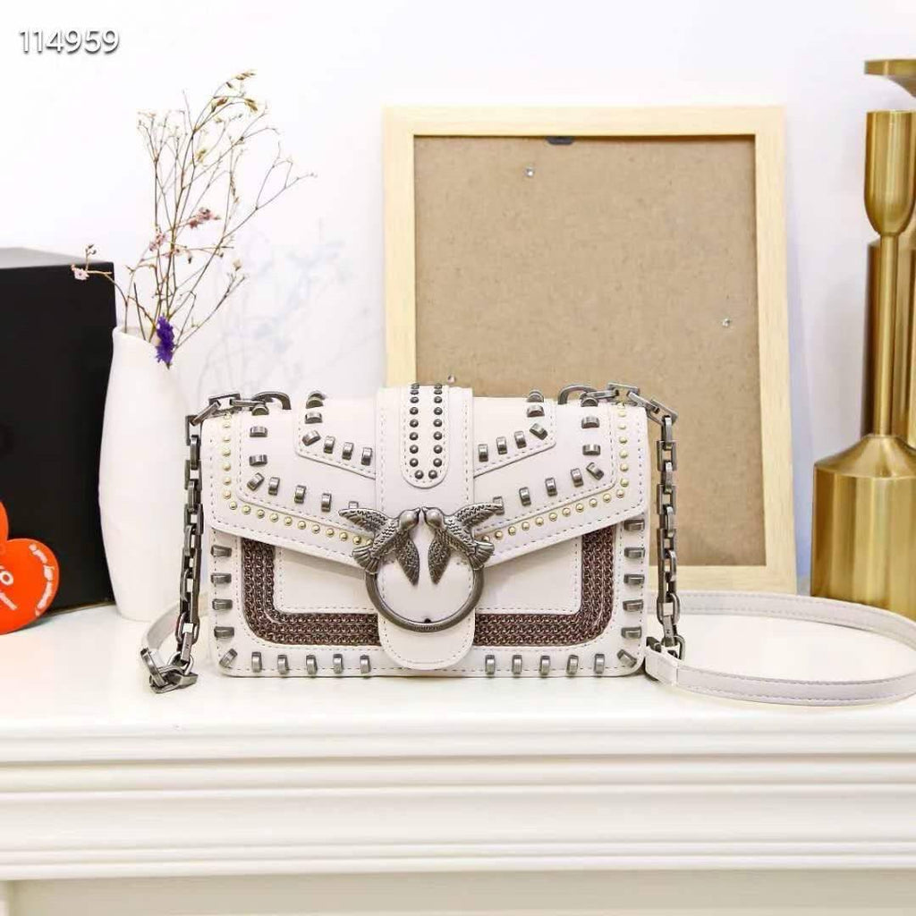 Pinko Studded Black Shoulder Bag with Signature Bird Hardware