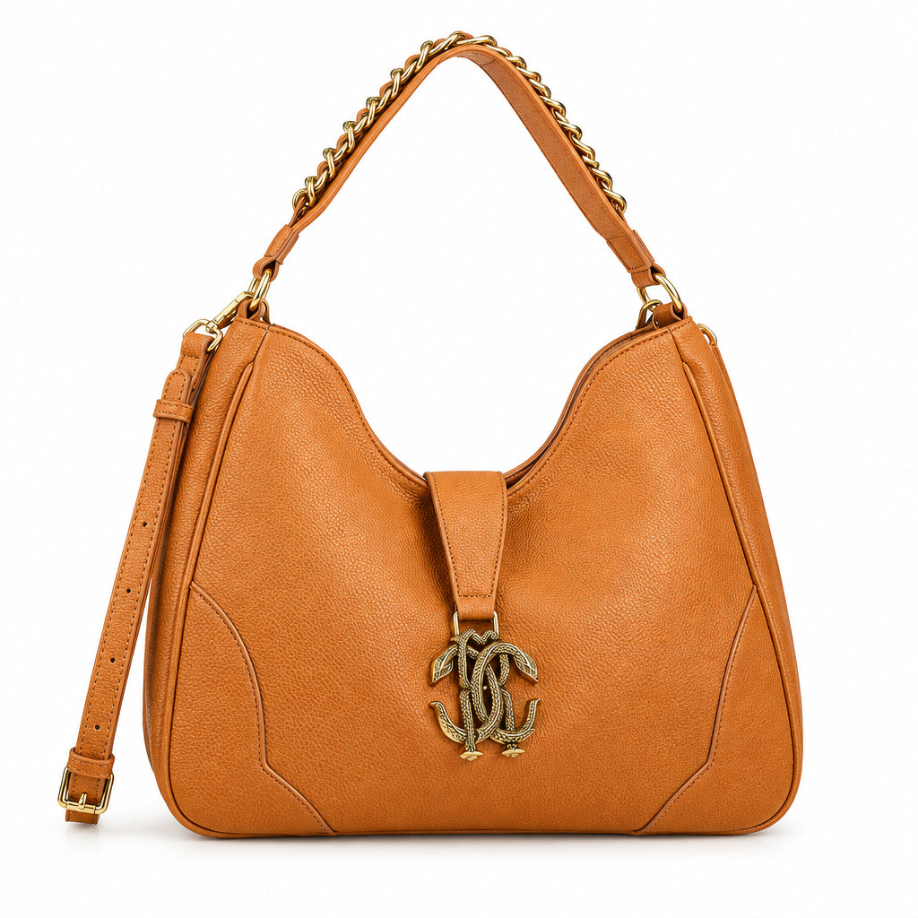 Roberto Cavalli Tan Leather Handbag with Signature Snake Hardware