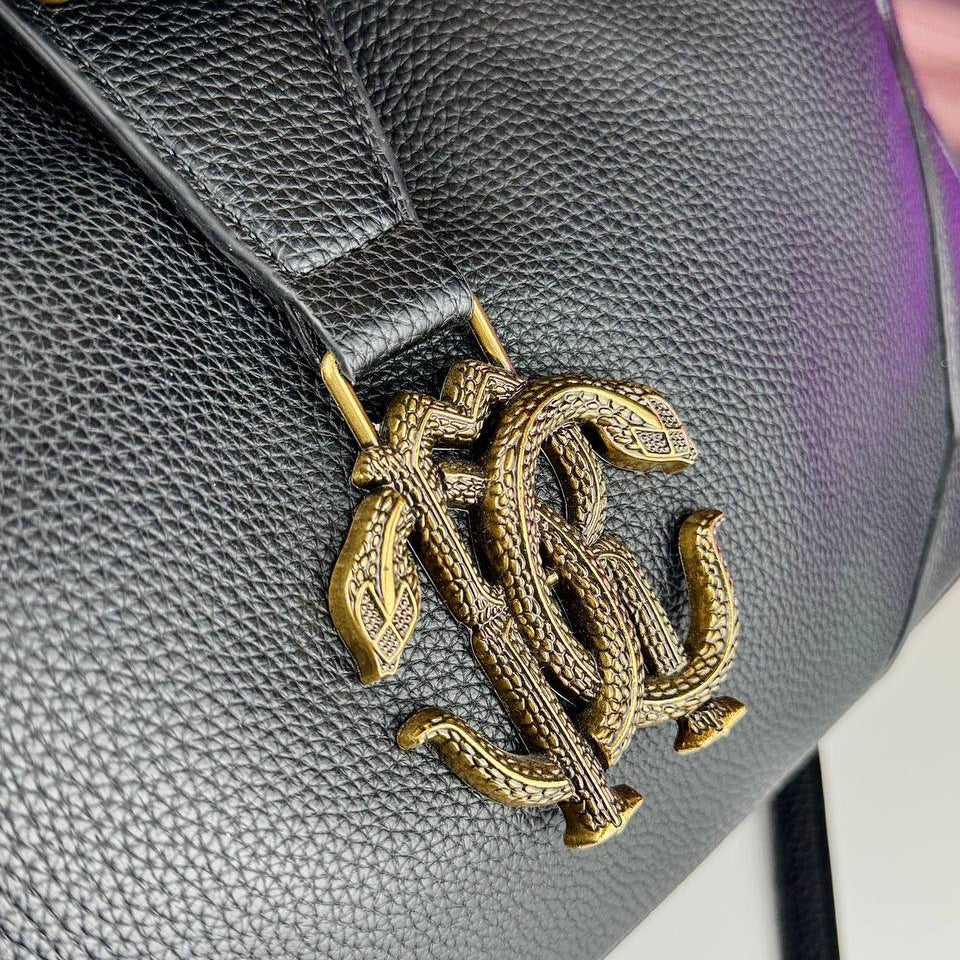 Roberto Cavalli Tan Leather Handbag with Signature Snake Hardware